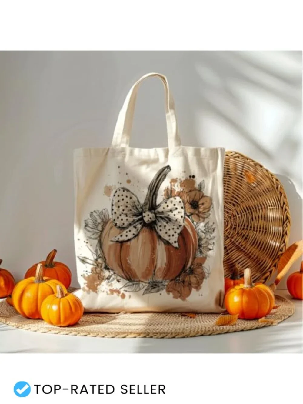 Floral Canvas Tote Bag Pumpkin Spice Fall Autumn Handbag Shoulder Purse